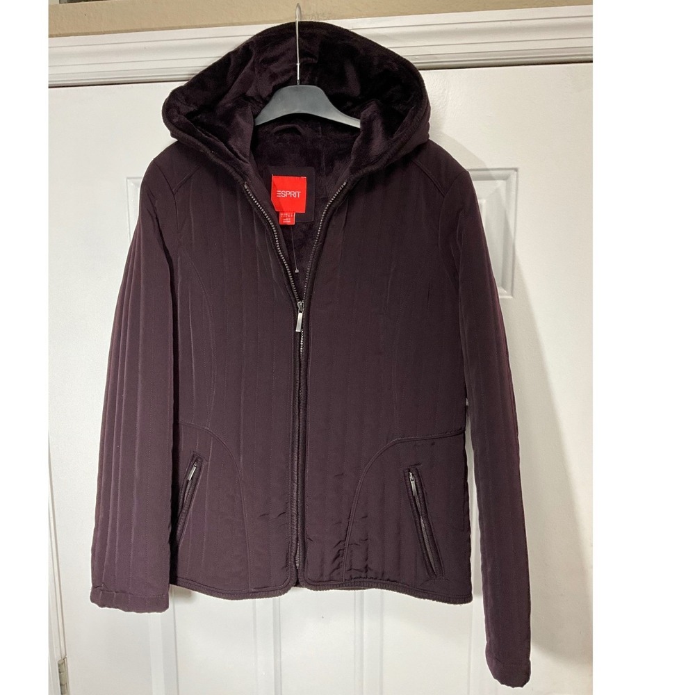 Esprit Women Plum Purple Quilted Hooded Jacket Faux Fur Lined Size L Large